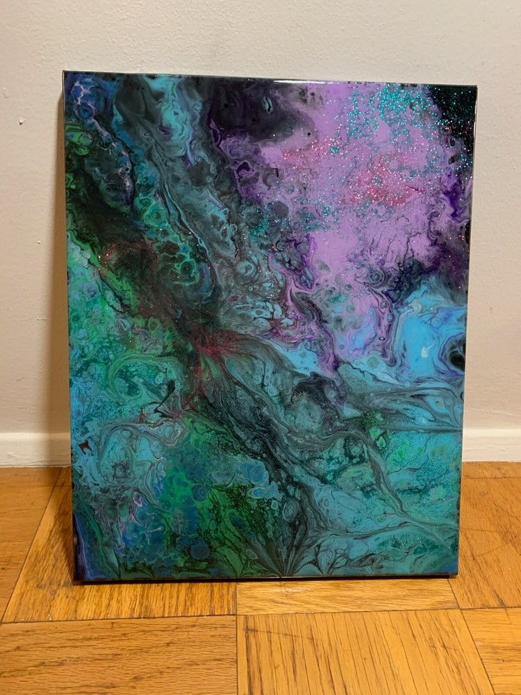 Galaxy Painting – Epoxy Finishing Coat – Aqua Purple Shimmer – 16 x 20 inch