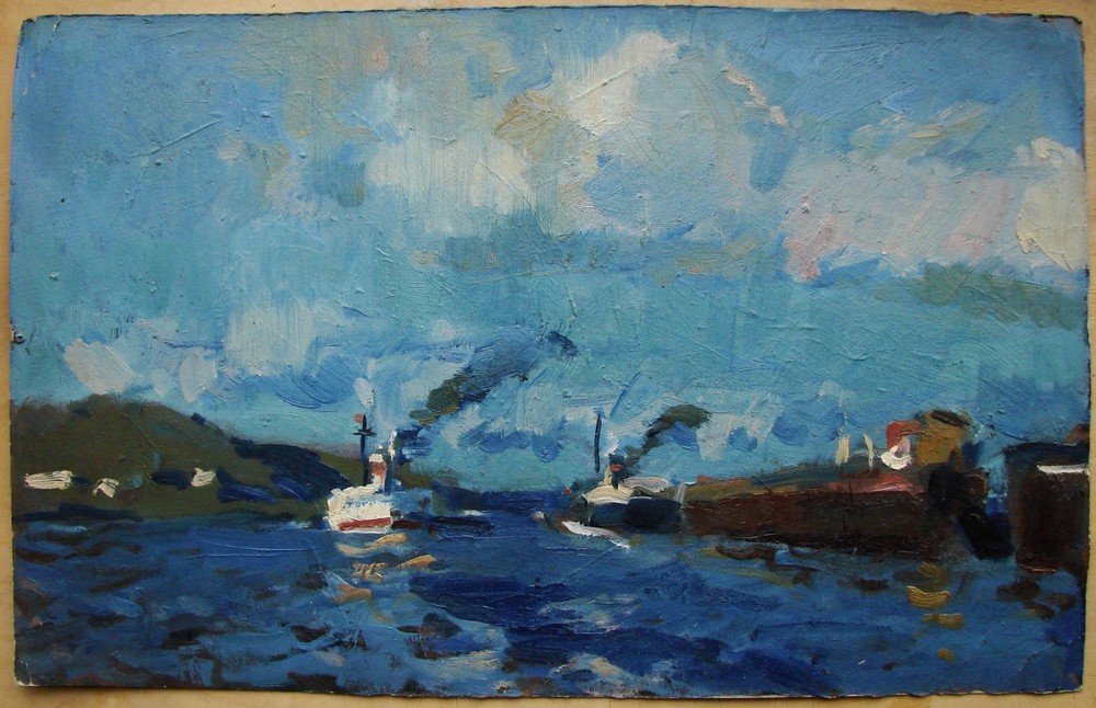 Ukrainian Soviet USSR oil Painting impressionism seascape barge boat steamship