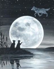 8×10 Print of painting RYTA Wolf Moon black cat Halloween pagan Celtic folk art