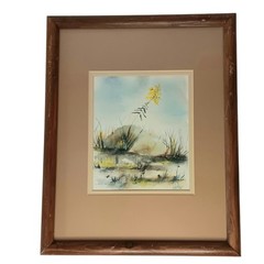 Watercolor Marsh Landscape Yellow Flower Grass Dunes Sky Matted Wood Frame 15×12