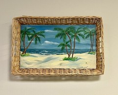 Vintage ORIGINAL Coastal Beach Palms Large Tropical Tray Board Painting SIGNED