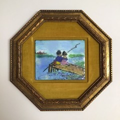 Enamel on Copper Painting SIGNED Helen Regenstreif Children Fishing 10” Vintage