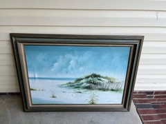 Vtg Coastal Landscape Oil Painting Beach Waves Dunes Seagulls Signed Framed