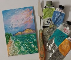 Framed Seascape Green Sea Seacoast Sunset Sky 4×6” Impasto Oil Painting Original
