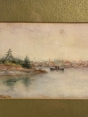 Antique Original Coastal Watercolor Seascape Nautical Landscape w/ Boat