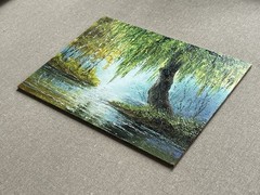 Original Oil Painting Weeping Willow Landscape, Peacefulness River Nature Art