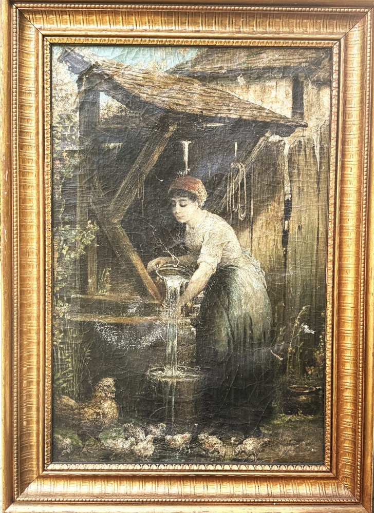 ANTQ Mid-19th C Original European School O/C „Peasant Woman By The Well“, Signed