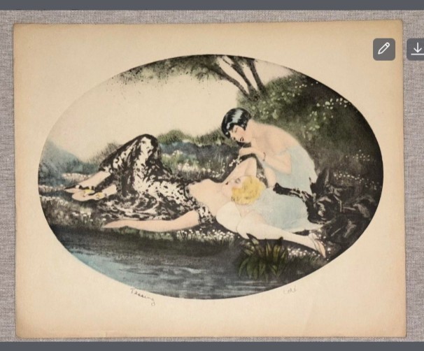 Original Art Deco Etching „Teasing“ by Colé – Hand Colored Parisian Boudoir Art