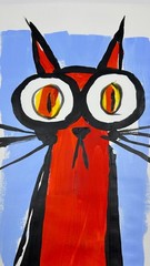 Original Folk Art Cat Painting Signed Colorful Wall Art STerling Paper 11×14