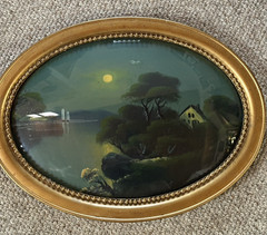 Canvas Landscape Water Night Scene Mount Under Concave Glass Antique Frame READ