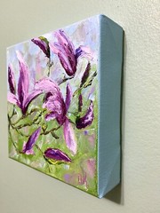 Original Magnolia Tree Oil Painting Impasto Landscape Pink Flowers Small Art