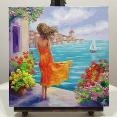 Original Oil Painting Woman Orange Dress Sea Breeze Floral Canvas Impressionist