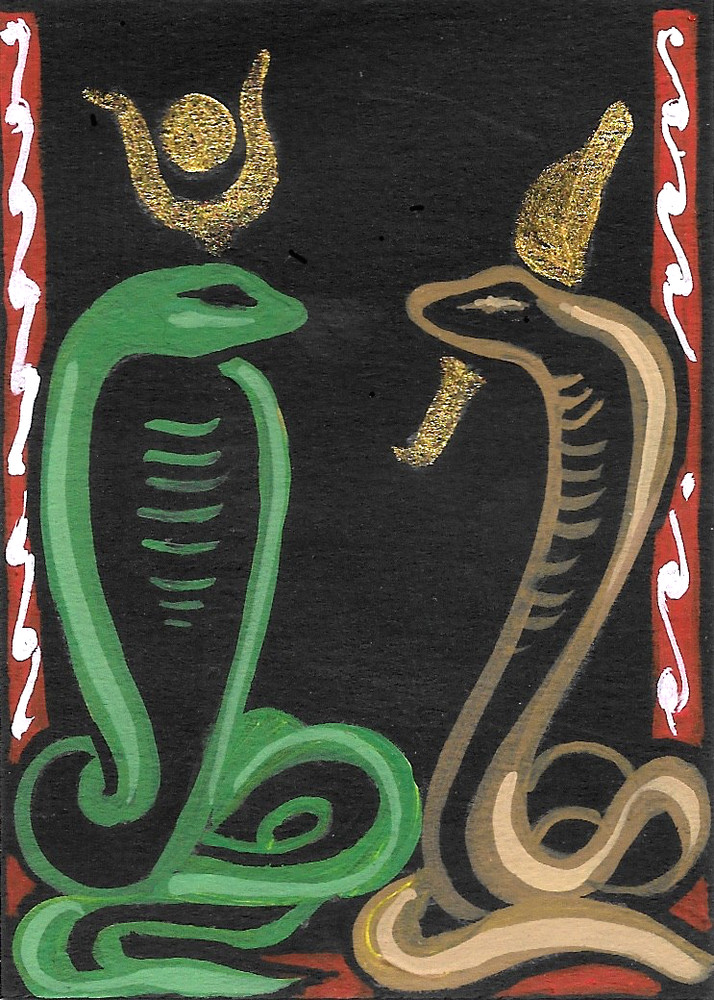 ACEO ORIGINAL PAINTING, acrylic, signed, SNAKES, cobra, asp, EGYPTIAN SYMBOLS