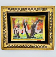 Vintage Enamel on Copper Art Painting Mother Child Picnic Signed Cox 9×11 Framed