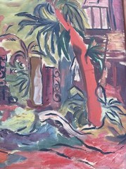 LARGE PAINTING MID CENTURY LANDSCAPE COASTAL TROPICAL PALMS MODERNIST MYSTERY