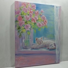 Cat Flowers Original Oil Hand Painted Signed Wall Art Decor Gift Ukraine Artist