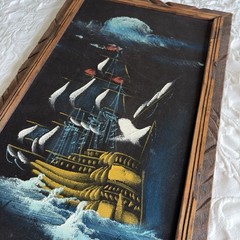 Vtg Pirate Ship Nautical Dark MCM Painting Black Velvet Wood 13.5×22.5”