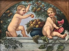 Vintage Neoclassical Oil Painting of Cherubs or Putti and Fruit Signed date 1941