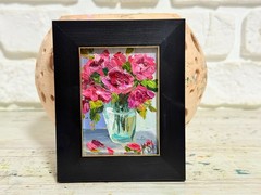 Framed ACEO Original Oil Painting Roses Flowers Vase Art Impasto Signed