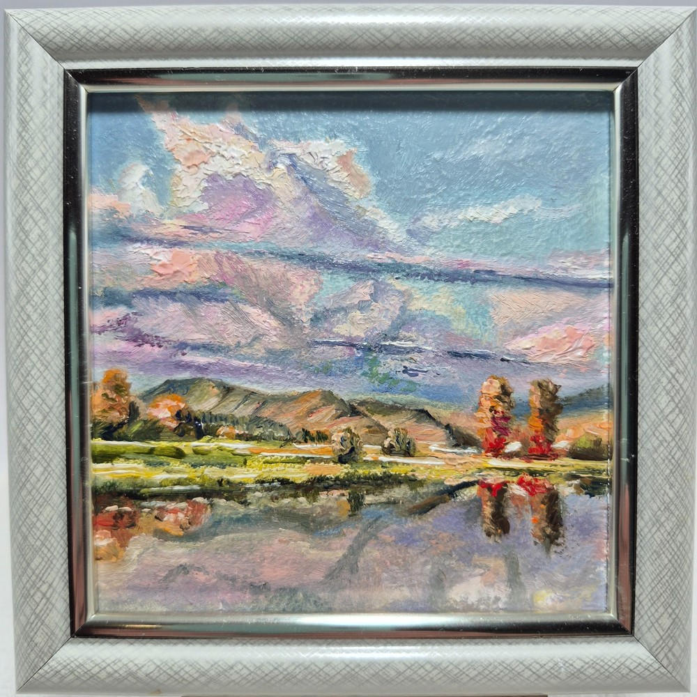 original autographed oil painting framed. Mountain landscape with a river4х4