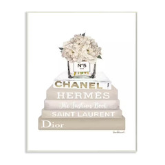 12.5 In. X 18.5 In. „High Fashion Bookstack with Tan Flowers“ by Artist Amanda G