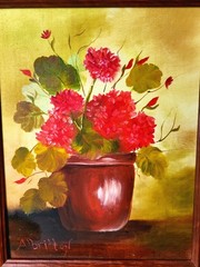Original Oil Painting Signed Framed Red Geraniums still life Floral 14×18