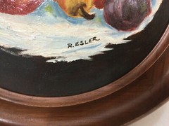 R. Esler Original Oil Painting Still Life w/Round Wooden Frame, Signed, 8 1/2″ D