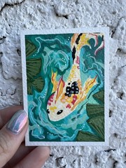 ACEO Original Painting — Koi Fish Lily Pad Pond – Zen Nature Miniature Art
