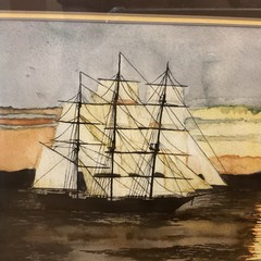 Vintage Clipper Ship Watercolor Painting Wooden Frame Sunset Shoreline Signed