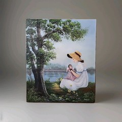 Oil painting, girl in a white dress holding a doll by the lake Signed 24″×20″