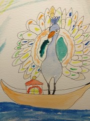 Original WATERCOLOR Painting 6×9 Inch Whimsical Animals Peacock On Boat GAT
