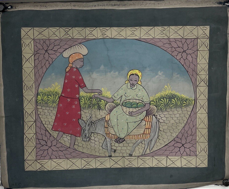 Original Haitian oil hand painting 19”x 24” women gathering food farm wild life