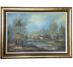 VTG Original Oil Painting 44×32 Inch Canvas Landscape River Fall Cabin Framed
