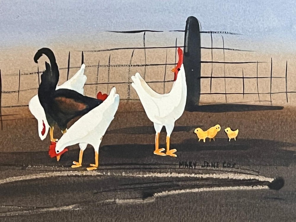 Vintage Watercolor Painting Chickens Rooster Hens Farm Landscape Mary Jane Cox