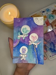 Original Small Watercolor Painting 6″ x 4″ Balloon dogs astronauts