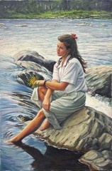 Vintage Oil Painting, Romantic Realist Portrait, Signed, Young Woman by River