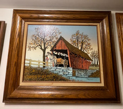H. Hargrove Serigraph Oil On Canvas Horse & Carriage Covered Bridge 23″ x 19″