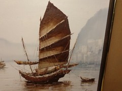 P.WANG SIGNED ORIGINAL HARBOR FISHING JUNK BOAT OIL PAINTING 1975 21-1/2X25 1/2