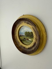 Miniature Oil Painting: cows grazing Landscape in Ornate Vintage Frame
