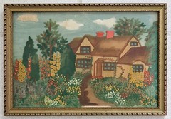 Rare 1930s FRONT OF GLASS PAINTING Cottage Country Garden Hollyhocks COTTAGECORE