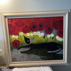 Whimsical Oil Paintingg In 29×25 in Frame Cat With Poppies & Daisies By p.K.