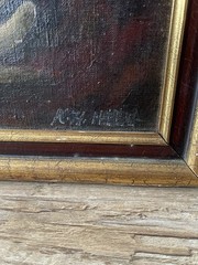 Antique Oil Portrait Lady in Red Dress Hat Pearls Framed Canvas As-Is