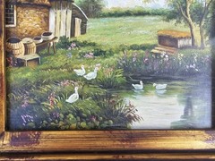 Framed Vintage American Cottage Ducks On Water Landscape Oil On Board Painting