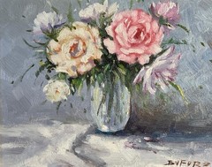 Still Life Vase of Flowers Pink Yellow Roses Floral Oil Painting Artist Signed