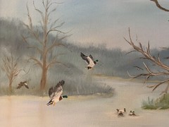 Signed Landscape Wildlife Lake Scene Ducks Trees Outdoor Painting Canvas Orig