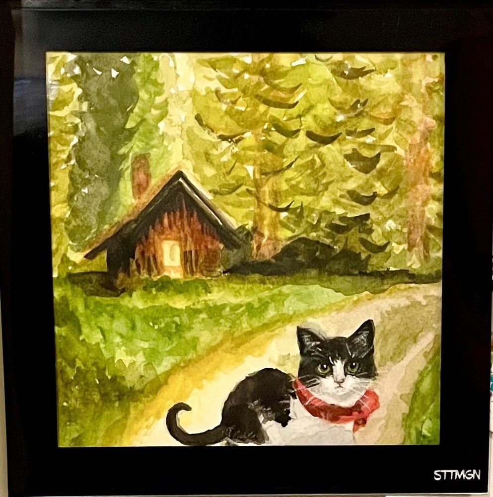 Original 4 X 4 Inch Watercolor Black And White Cat And Cabin Flat Magnetic Frame