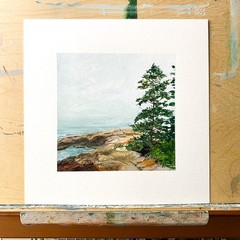 8×8 Maine Original Oil Painting Acadia Landscape New England Pine Coastal Signed