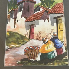 Latin America Village Painting Original Watercolor Signed Framed Colorful 12X15