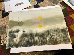 Early Morning Marsh Landscape Watercolor Painting Signed Hutchens (533)