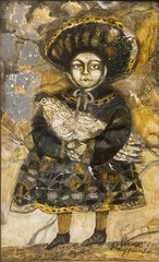 Vintage Russian Folk Art Oil Painting With Gold Leaf “Girl With Hat” Signed
